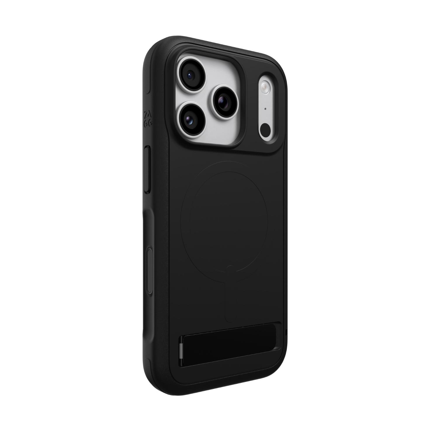 Opposite rear three-quarter view of an Apple iPhone 18 Pro / iPhone 17 Pro fitted with the black ZAGG Sedona Snap case, showing the camera area and integrated kickstand closed.