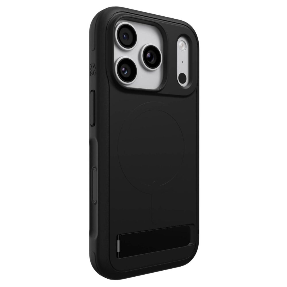 Black ZAGG Sedona Snap case fitted to an Apple iPhone 18 Pro / iPhone 17 Pro, shown from a rear three-quarter angle with the camera area and magnetic-ring outline visible.