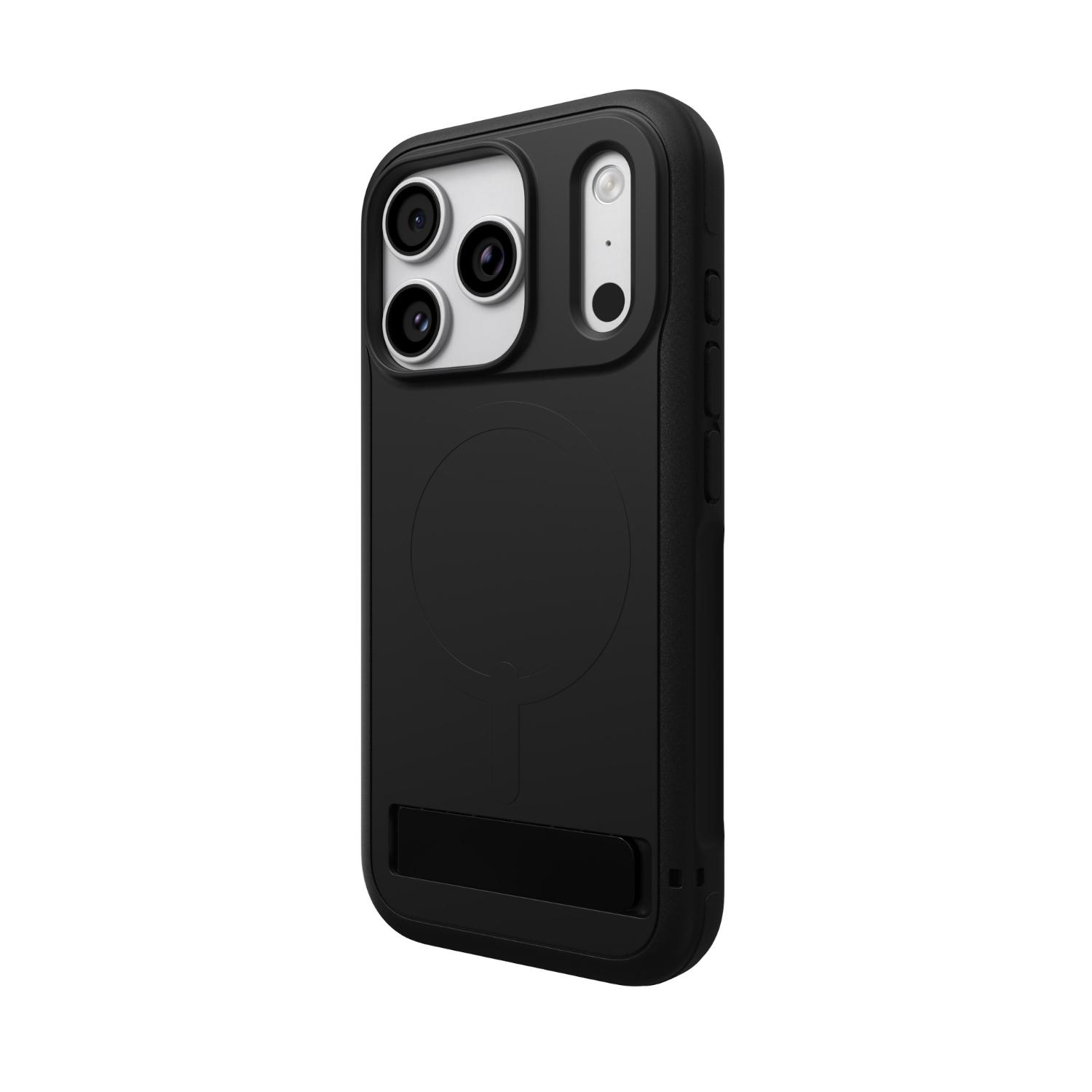 Rear three-quarter view of an Apple iPhone 18 Pro / iPhone 17 Pro fitted with the black ZAGG Sedona Snap case, showing the camera area, magnetic-ring outline and closed kickstand.
