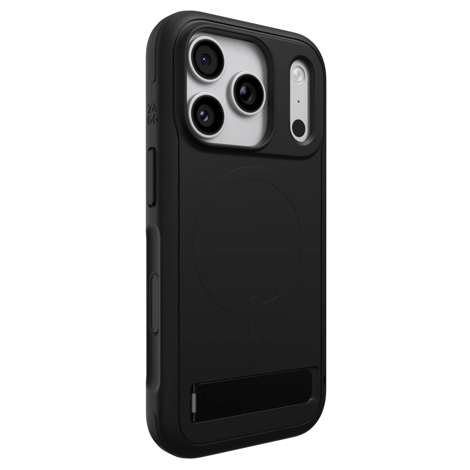 Black ZAGG Sedona Snap case fitted to an Apple iPhone 18 Pro / iPhone 17 Pro, shown from a rear three-quarter angle with the camera area and magnetic-ring outline visible.