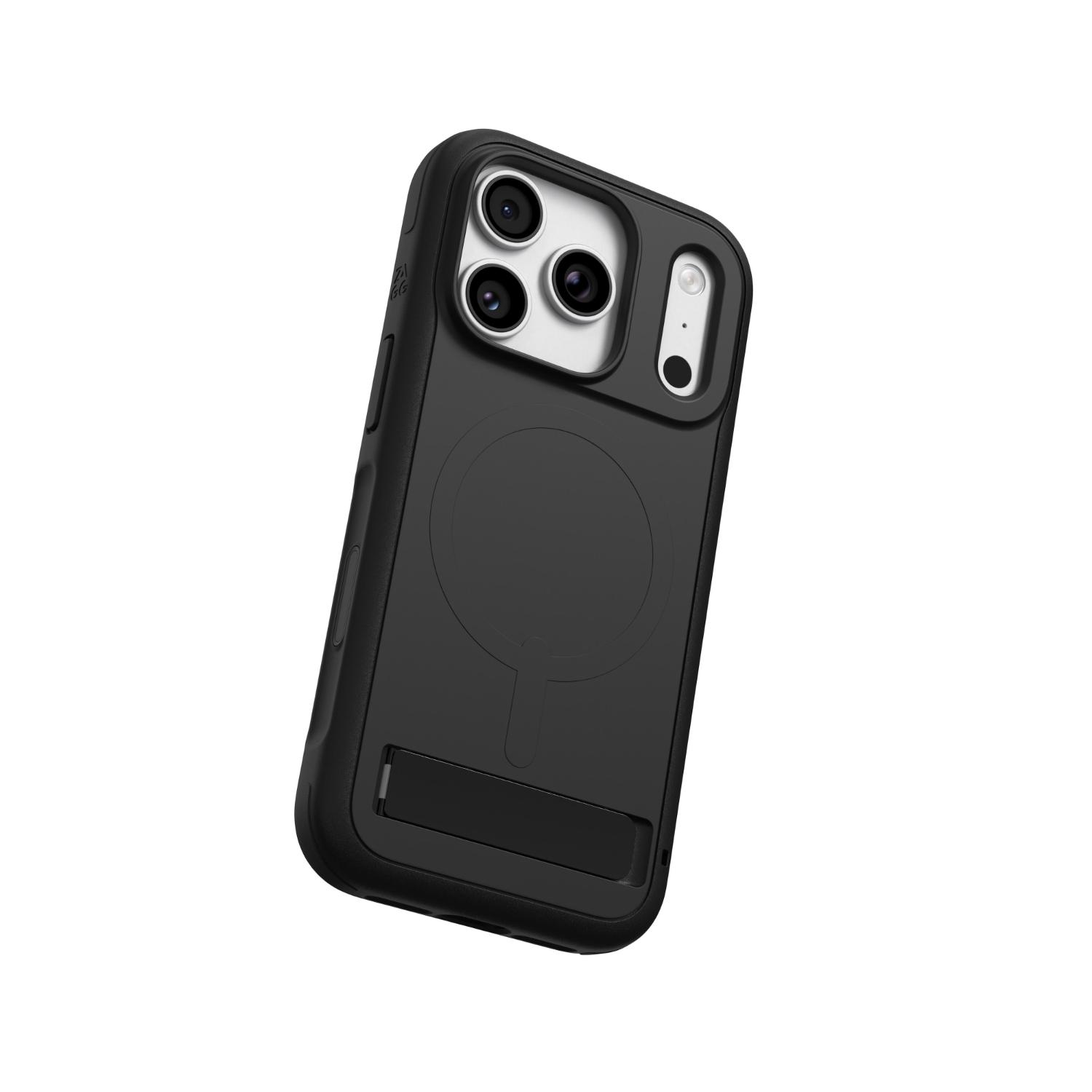 Tilted rear view of an Apple iPhone 18 Pro / iPhone 17 Pro fitted with the black ZAGG Sedona Snap case, showing the camera area, magnetic-ring outline and closed kickstand.