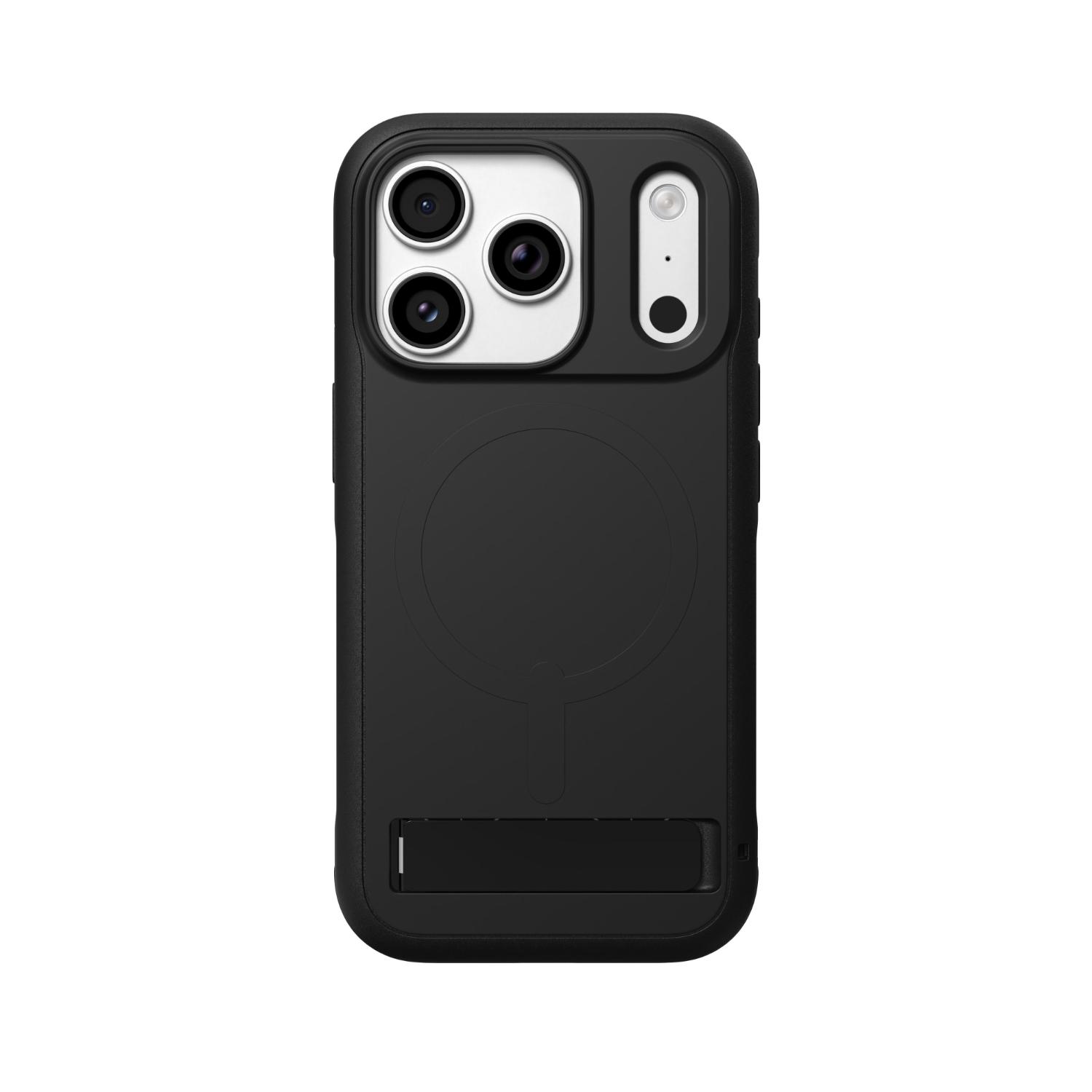 Rear view of the black ZAGG Sedona Snap case fitted to an Apple iPhone 18 Pro / iPhone 17 Pro, showing the camera area, magnetic-ring outline and integrated kickstand closed.