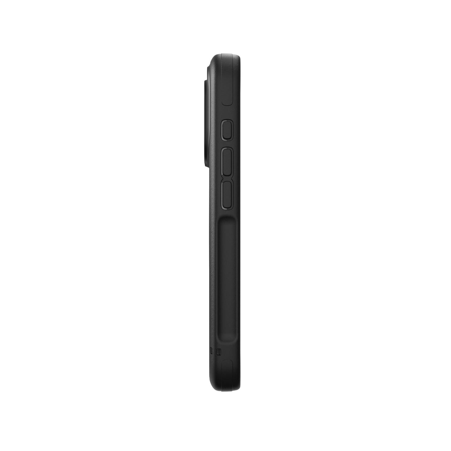 Side profile of an Apple iPhone 18 Pro / iPhone 17 Pro fitted with the black ZAGG Sedona Snap case, showing three side control covers and the raised camera area.