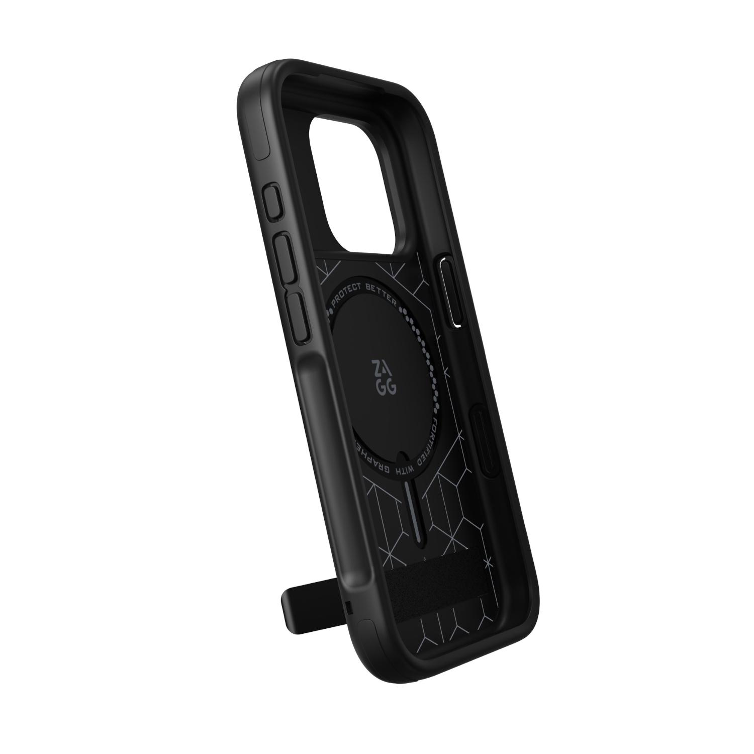 Angled interior view of the black ZAGG Sedona Snap case for Apple iPhone 18 Pro / iPhone 17 Pro, showing the patterned inner surface and integrated kickstand opened.