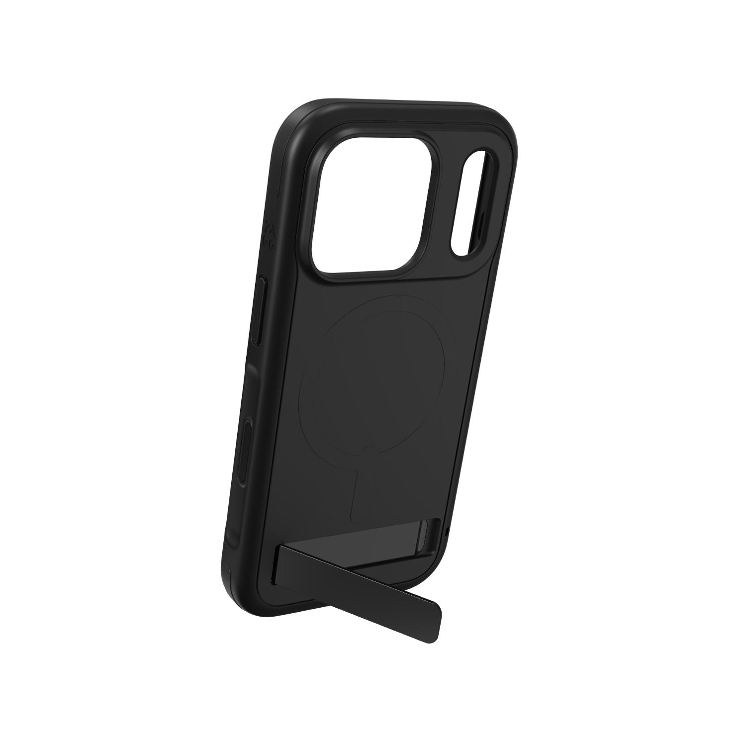 Angled rear view of the black ZAGG Sedona Snap case for Apple iPhone 18 Pro / iPhone 17 Pro with the integrated kickstand opened.