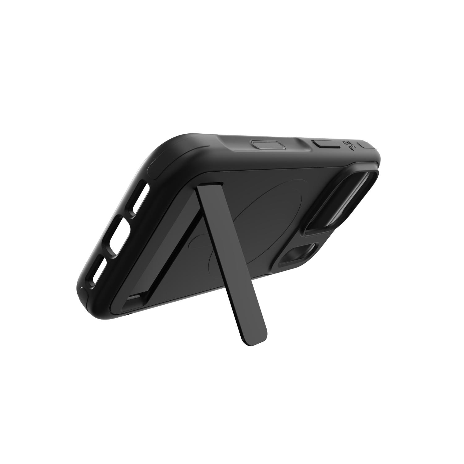 Black ZAGG Sedona Snap case for Apple iPhone 18 Pro / iPhone 17 Pro shown with the integrated kickstand opened for landscape viewing.