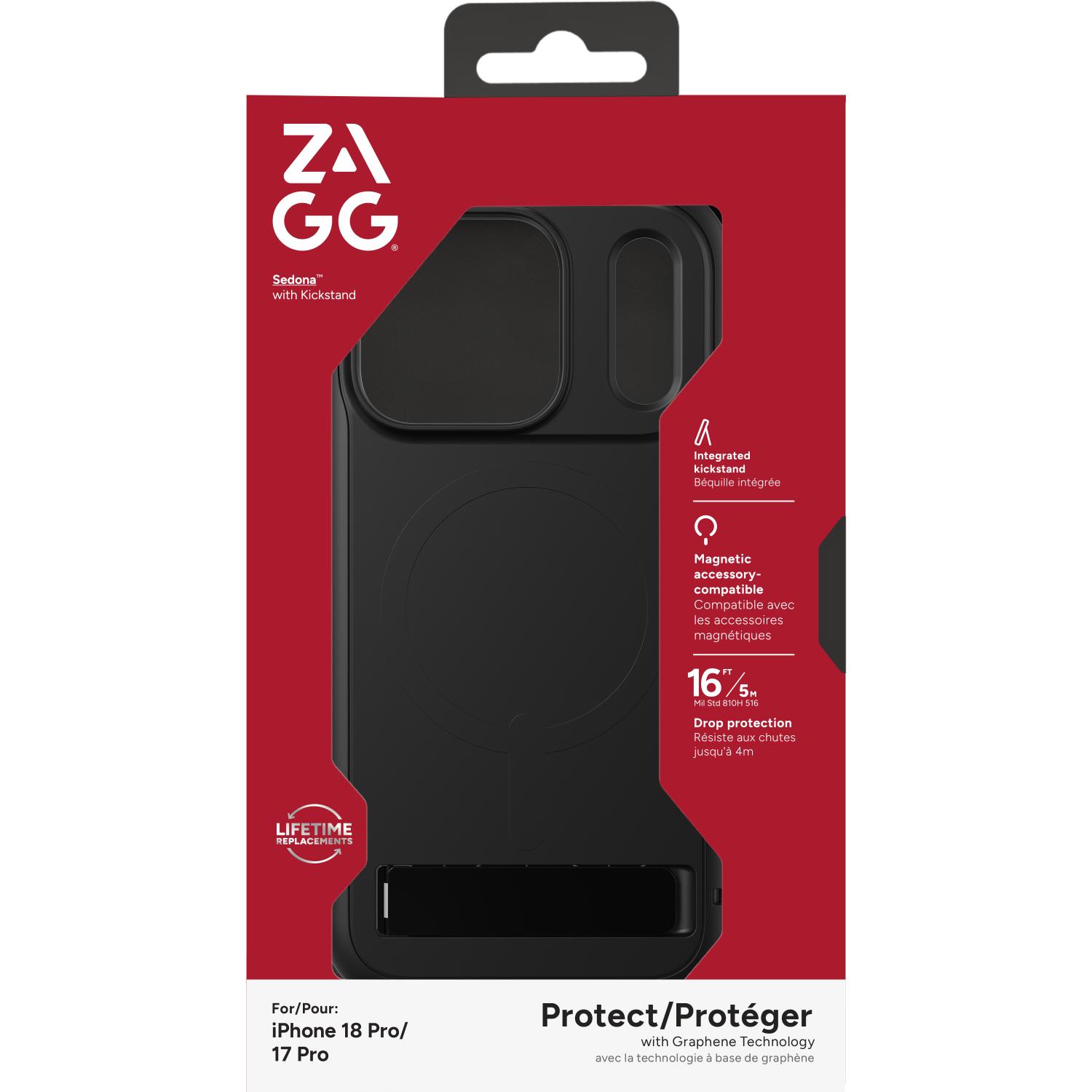 Front of the ZAGG Sedona Snap case retail packaging for Apple iPhone 18 Pro / iPhone 17 Pro, showing the black case through the package window.