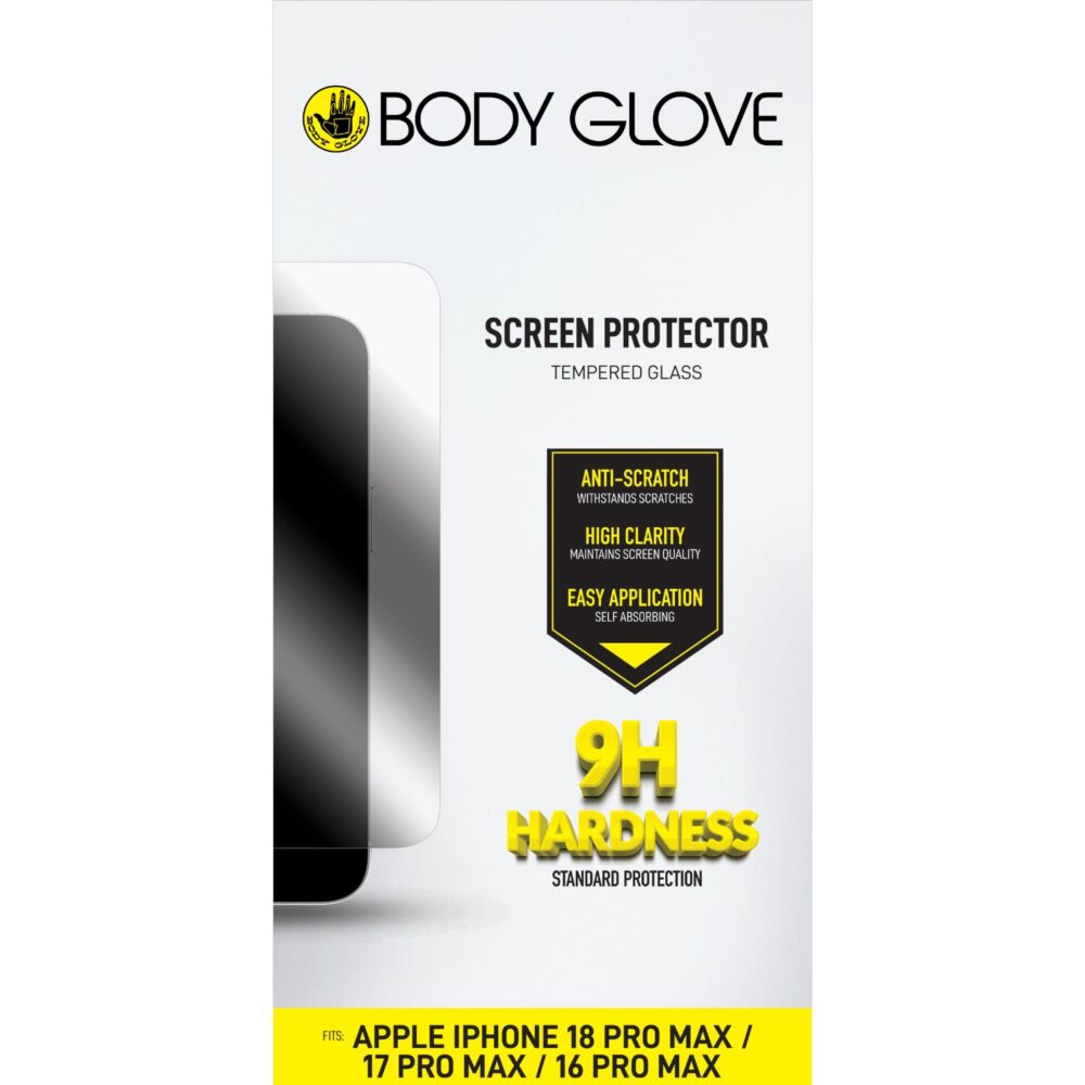 Front of Body Glove screen protector packaging for Apple iPhone 18 Pro Max, iPhone 17 Pro Max and iPhone 16 Pro Max