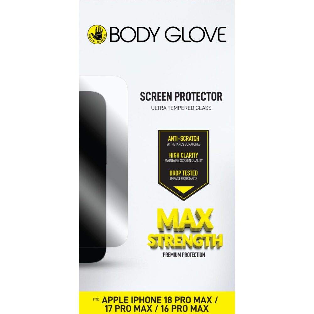 Front of Body Glove Ultra screen protector packaging for Apple iPhone 18 Pro Max, iPhone 17 Pro Max and iPhone 16 Pro Max