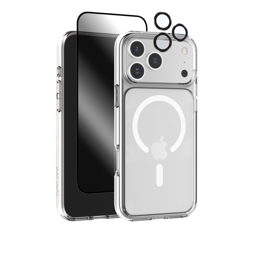 Body Glove 3-in-1 Protection Bundle for Apple iPhone 18 Pro Max showing the clear Ghost Case, screen protector and camera lens protector set together
