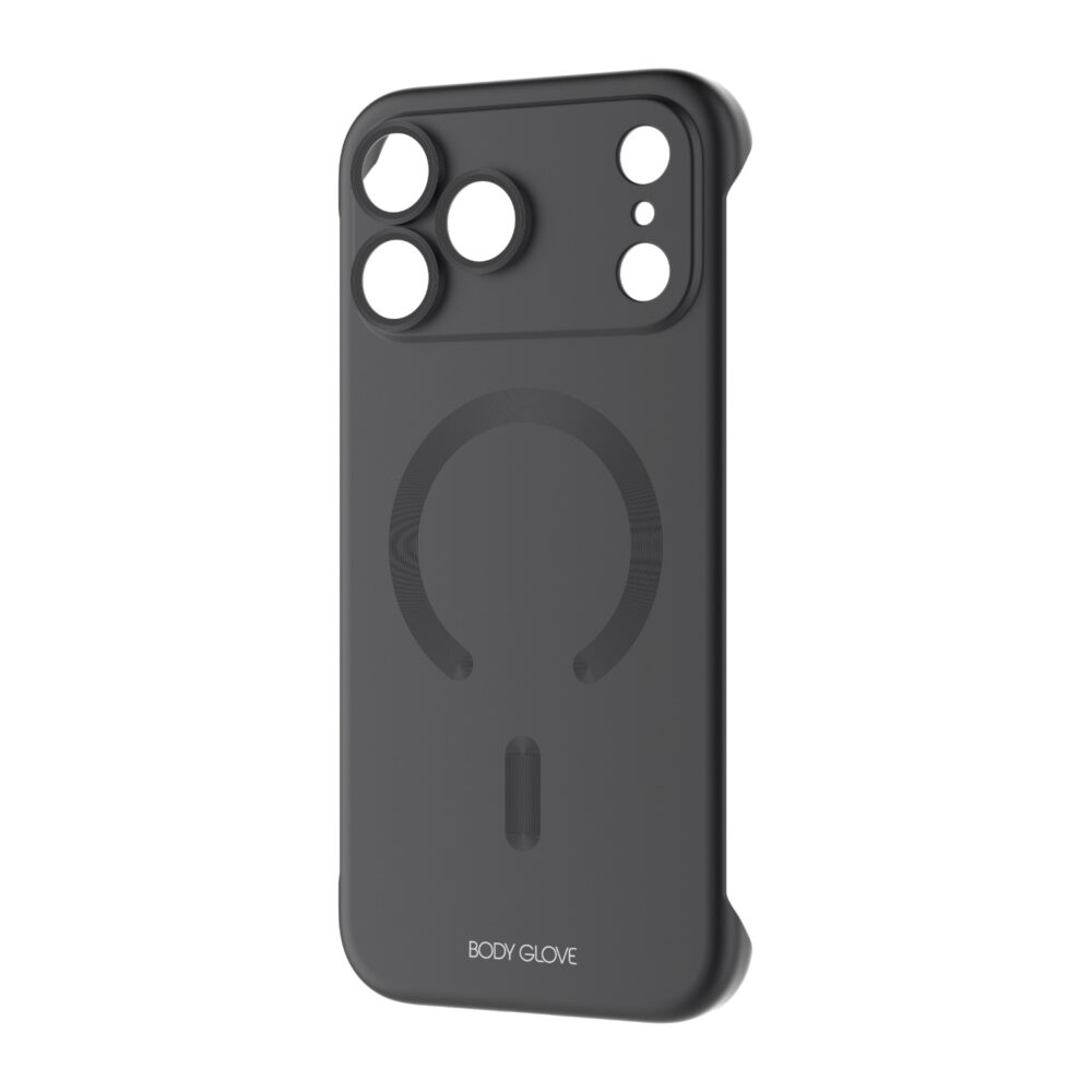 Black Body Glove Magnetic AirCase for Apple iPhone 18 Pro Max shown at an angle with the rear magnetic ring and raised camera surround visible