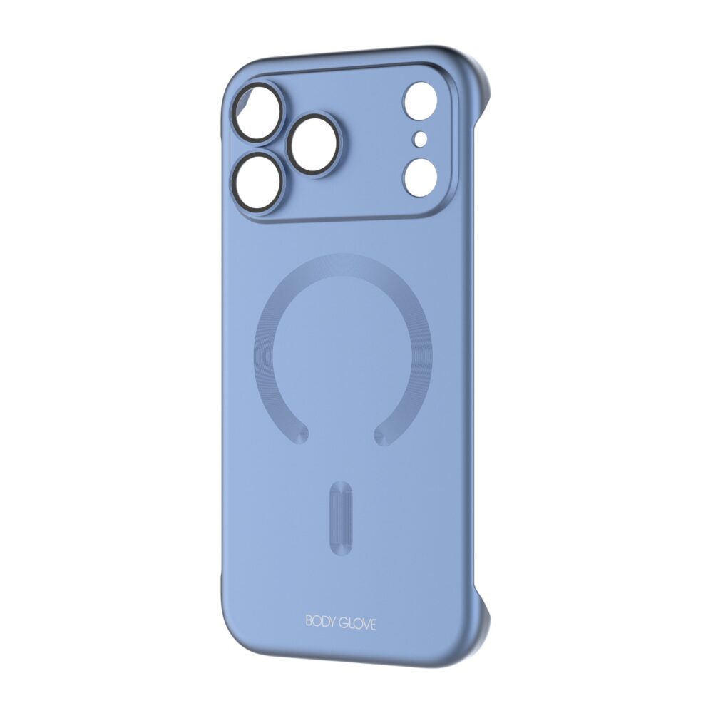 Blue Body Glove Magnetic AirCase for Apple iPhone 18 Pro Max shown at an angle with the rear magnetic ring and raised camera surround visible