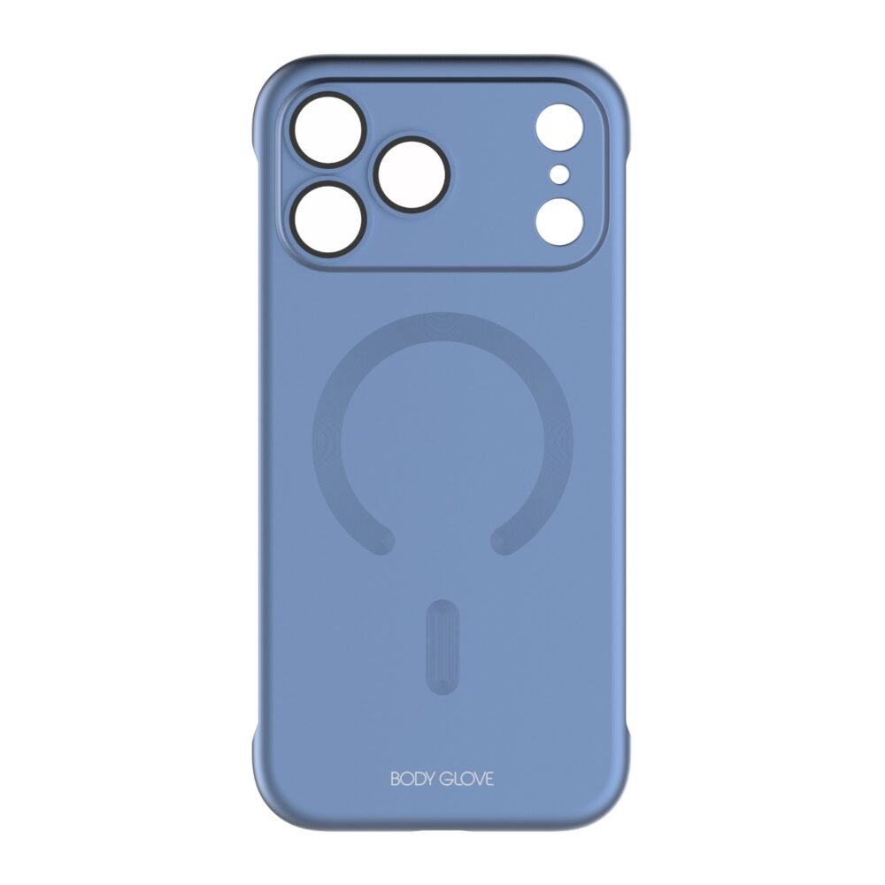 Blue Body Glove Magnetic AirCase for Apple iPhone 18 Pro Max shown from the rear with the magnetic ring and camera cut-outs visible