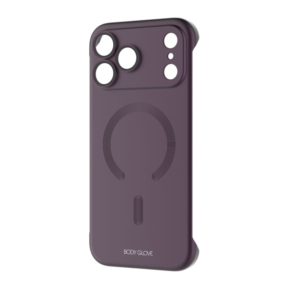 Purple Body Glove Magnetic AirCase for Apple iPhone 18 Pro Max shown at an angle with the rear magnetic ring and raised camera surround visible