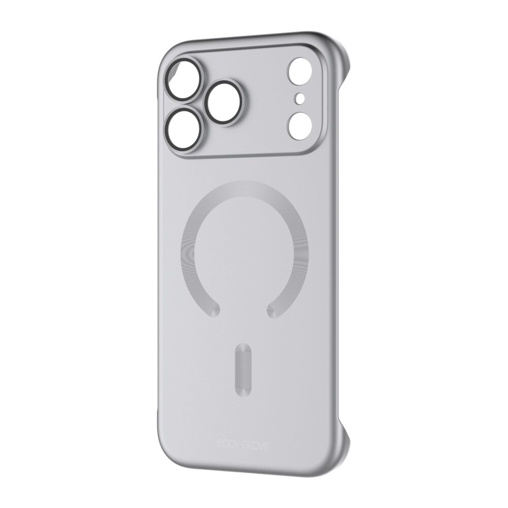 Silver Body Glove Magnetic AirCase for Apple iPhone 18 Pro Max shown at an angle with the rear magnetic ring and raised camera surround visible