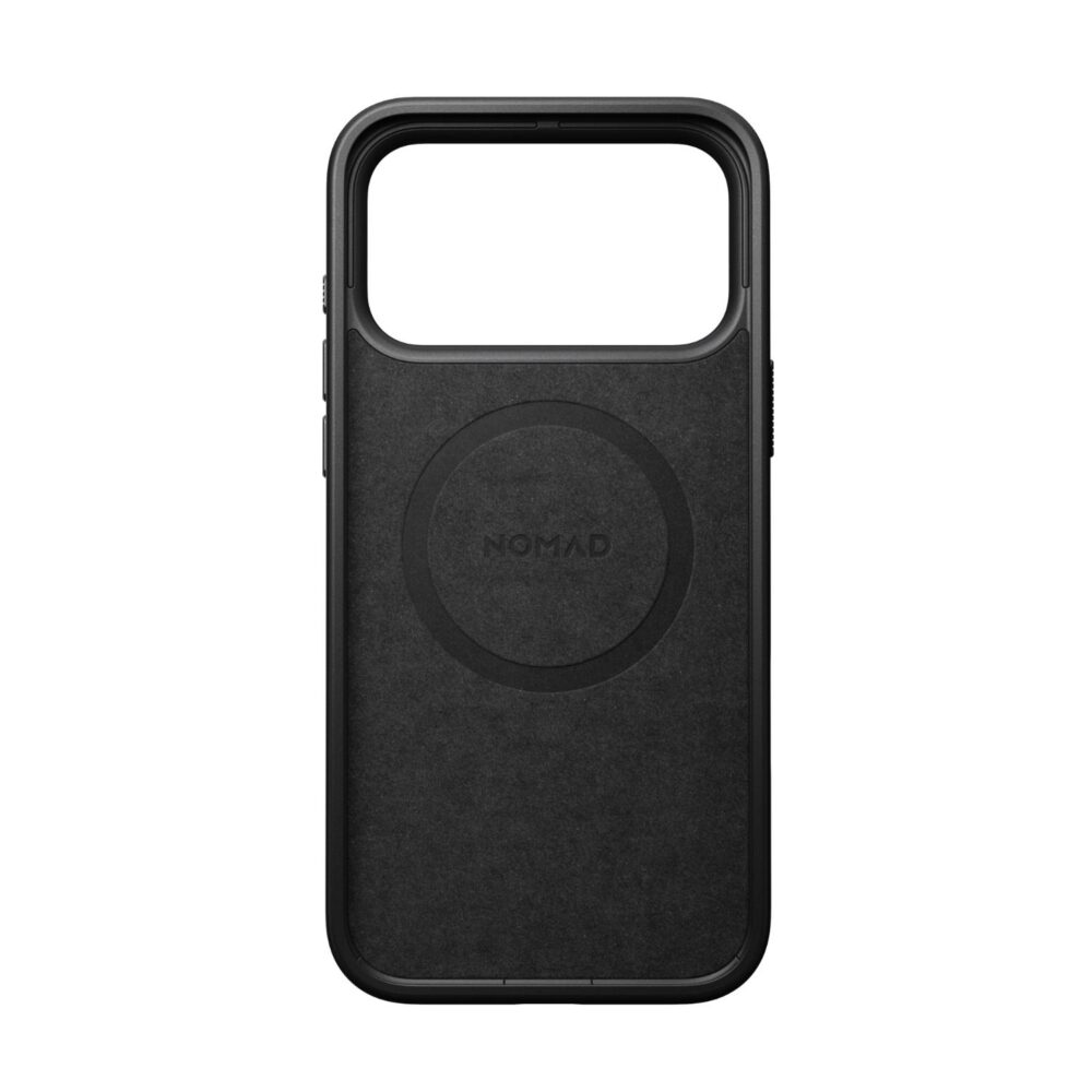 Interior of the black Nomad Mag Modern Leather Case for Apple iPhone 18 Pro Max and iPhone 17 Pro Max showing the magnetic ring and soft lining