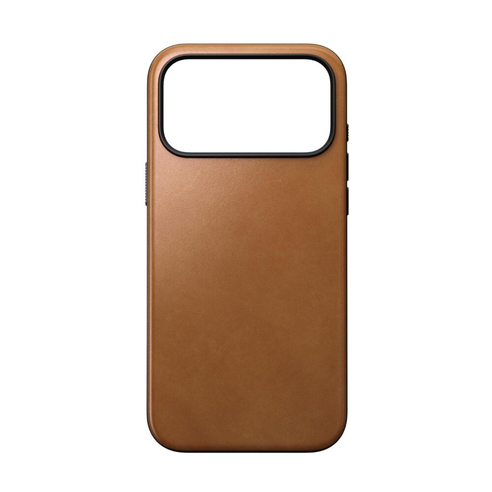 Tan Nomad Mag Modern Leather Case for Apple iPhone 18 Pro Max and iPhone 17 Pro Max shown empty from the rear with the camera cut-out and black bumper visible.