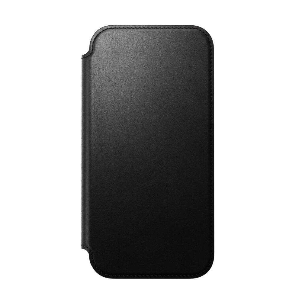 Closed black leather front cover of the Nomad Mag Modern Leather Folio for Apple iPhone 18 Pro Max and iPhone 17 Pro Max