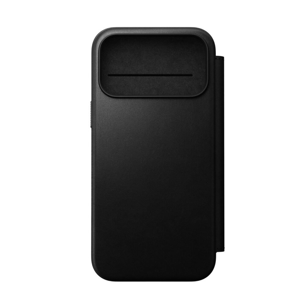 Black Nomad Mag Modern Leather Folio for Apple iPhone 18 Pro Max and iPhone 17 Pro Max shown from the rear with the large camera opening visible