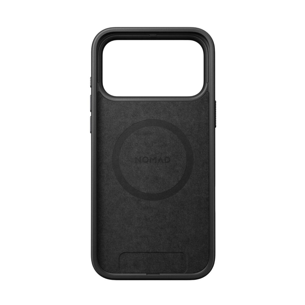 Interior of the black Nomad Mag Sports Case for iPhone 18 Pro Max and iPhone 17 Pro Max, showing the dark lining and circular magnetic charging area.
