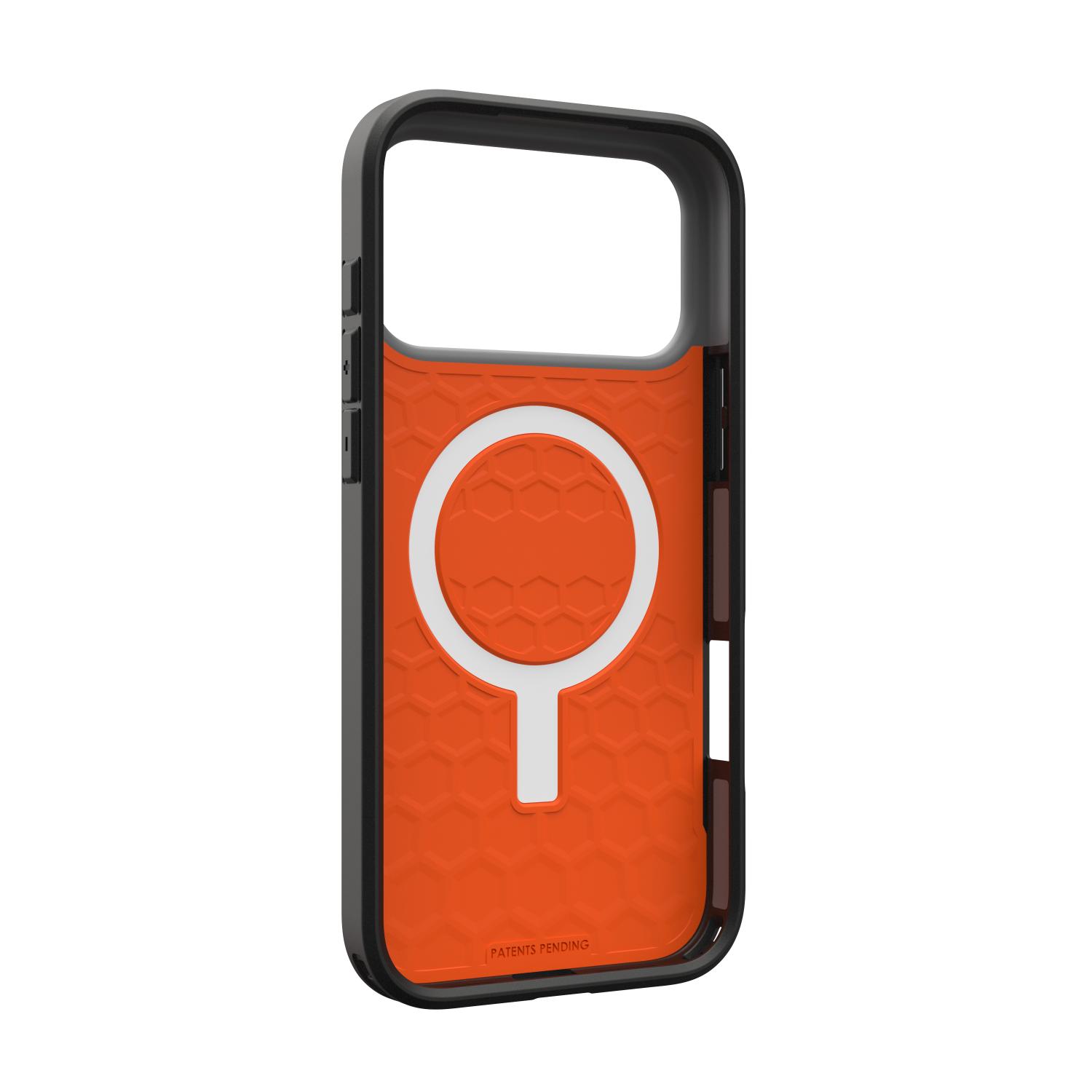 Interior of the orange UAG Civilian MagSafe case for Apple iPhone 18 Pro Max and iPhone 17 Pro Max showing the white magnetic ring and black protective frame.