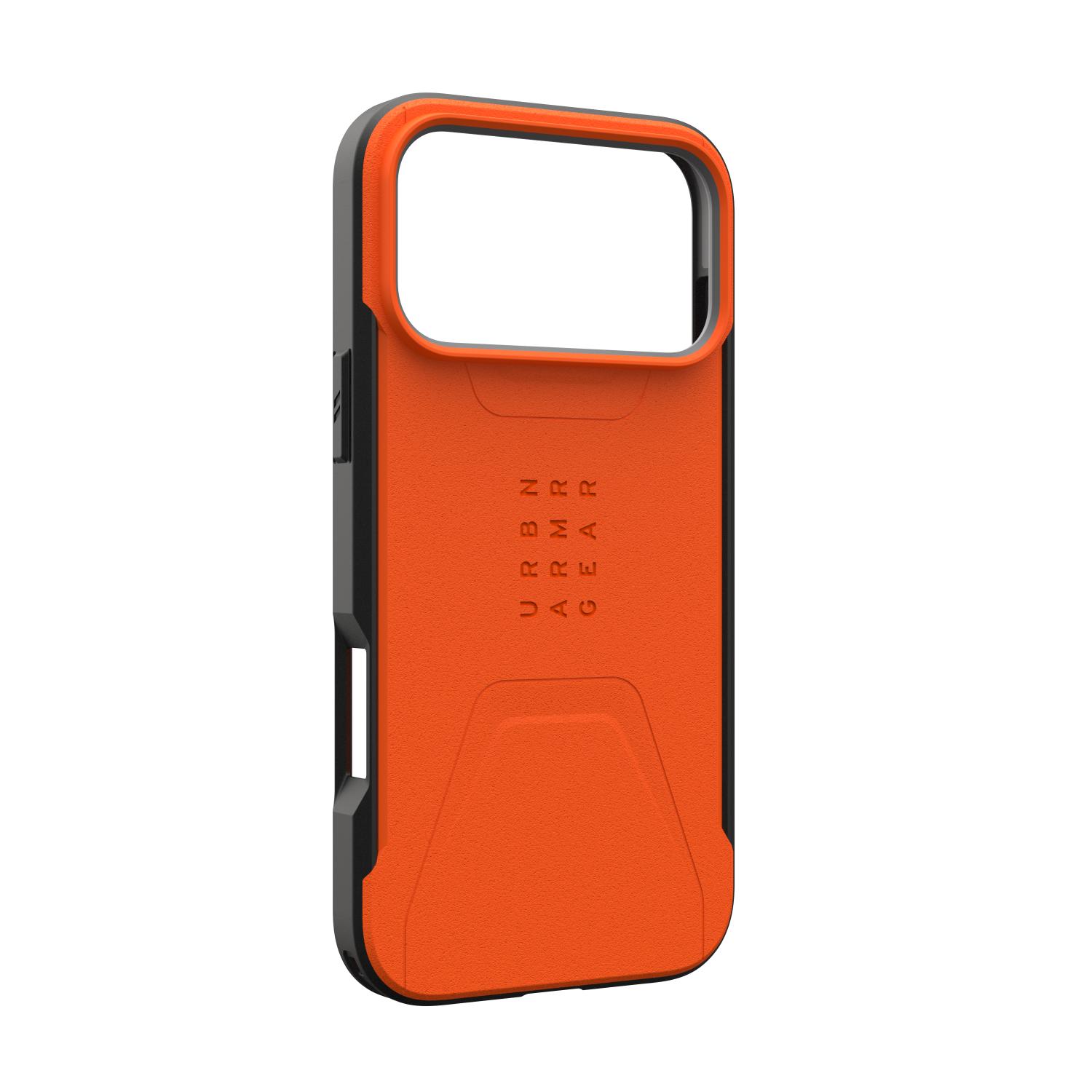 Empty orange UAG Civilian MagSafe case for Apple iPhone 18 Pro Max and iPhone 17 Pro Max shown at a left angle with the raised camera surround and side opening visible.