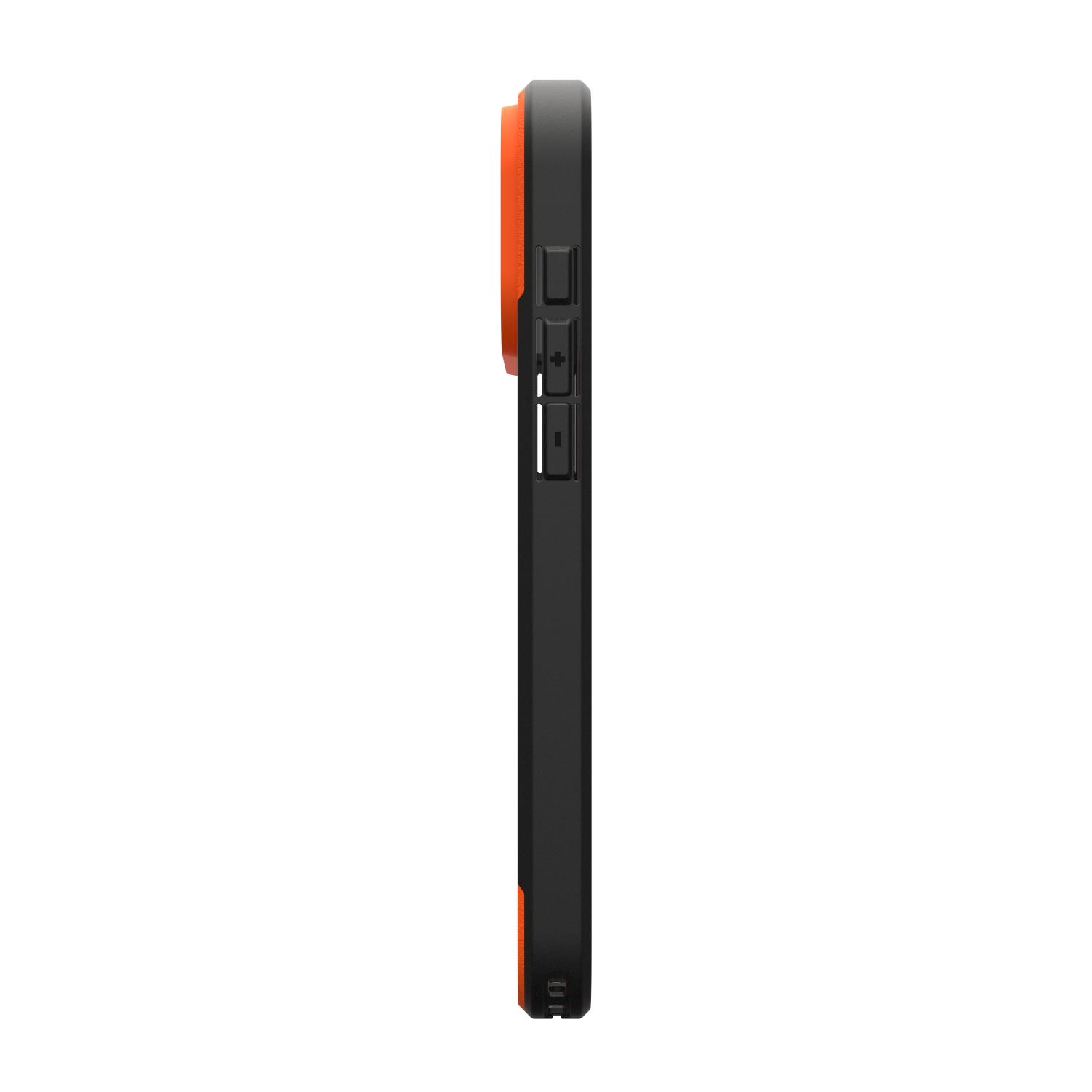 Opposite side profile of the empty orange UAG Civilian MagSafe case for Apple iPhone 18 Pro Max and iPhone 17 Pro Max showing the black frame and three tactile side buttons.