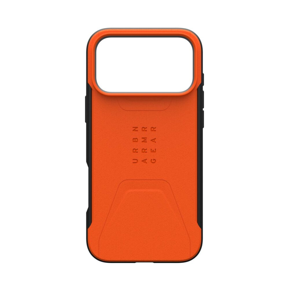 Orange UAG Civilian MagSafe case for Apple iPhone 18 Pro Max and iPhone 17 Pro Max shown empty from the rear with the black frame and raised camera surround visible.