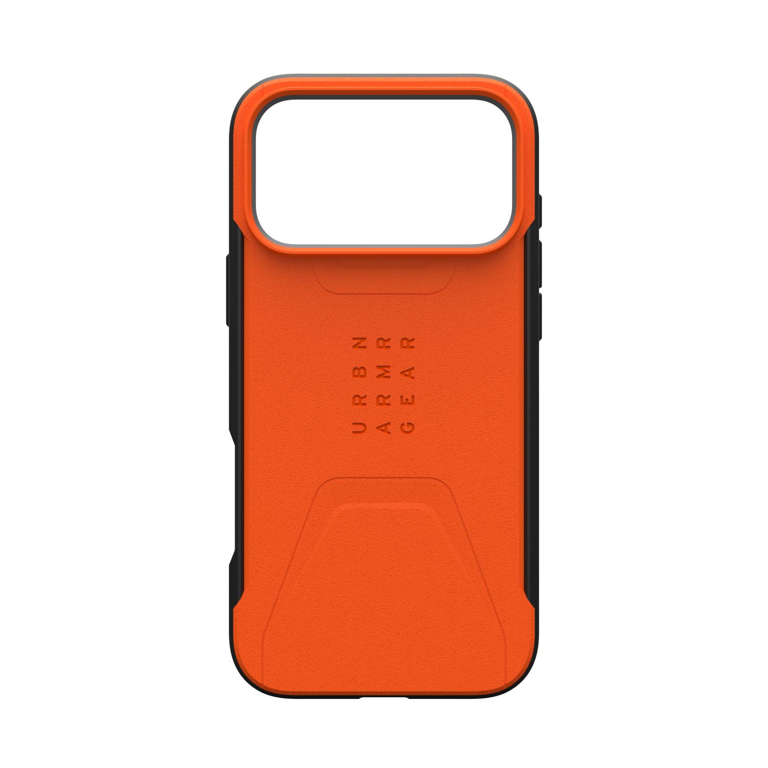 Orange UAG Civilian MagSafe case for Apple iPhone 18 Pro Max and iPhone 17 Pro Max shown empty from the rear with the black frame and raised camera surround visible.