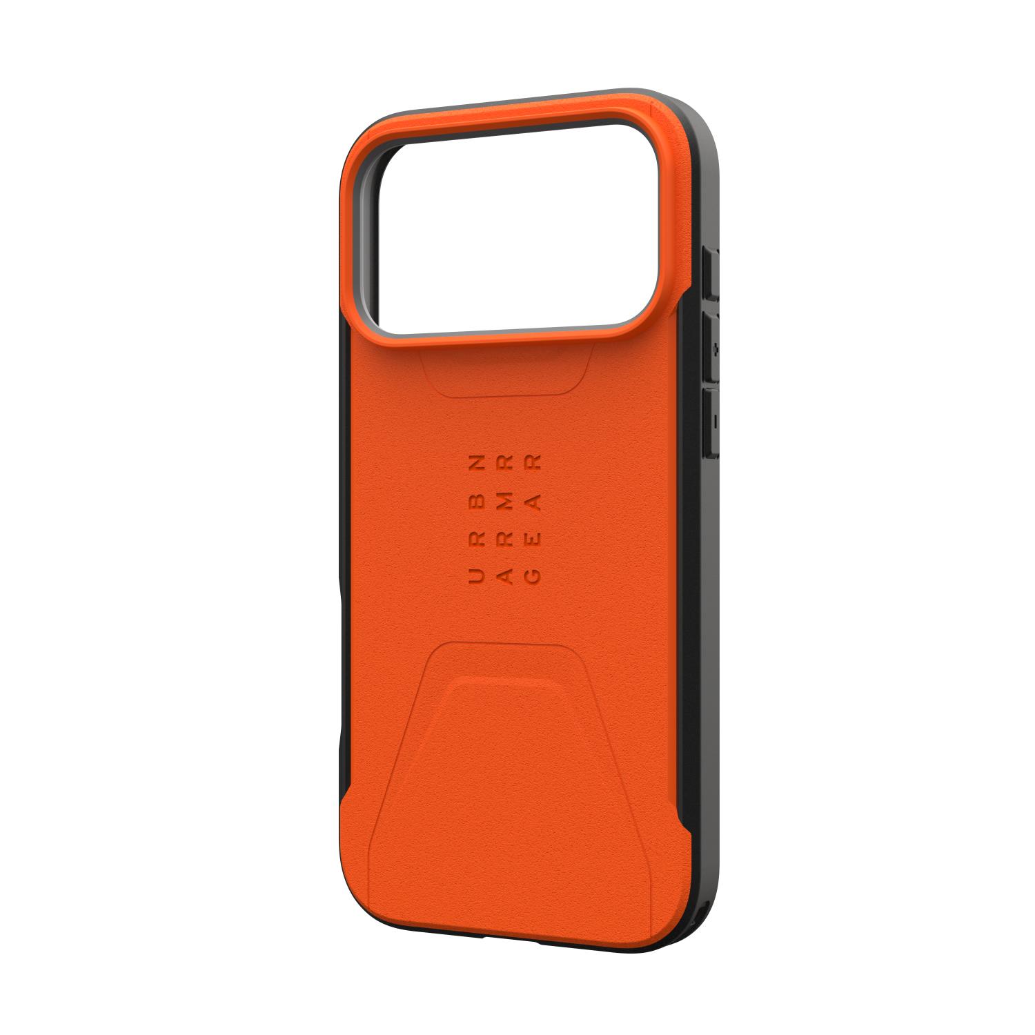 Empty orange UAG Civilian MagSafe case for Apple iPhone 18 Pro Max and iPhone 17 Pro Max shown at a right angle with the raised camera surround and black side frame visible.