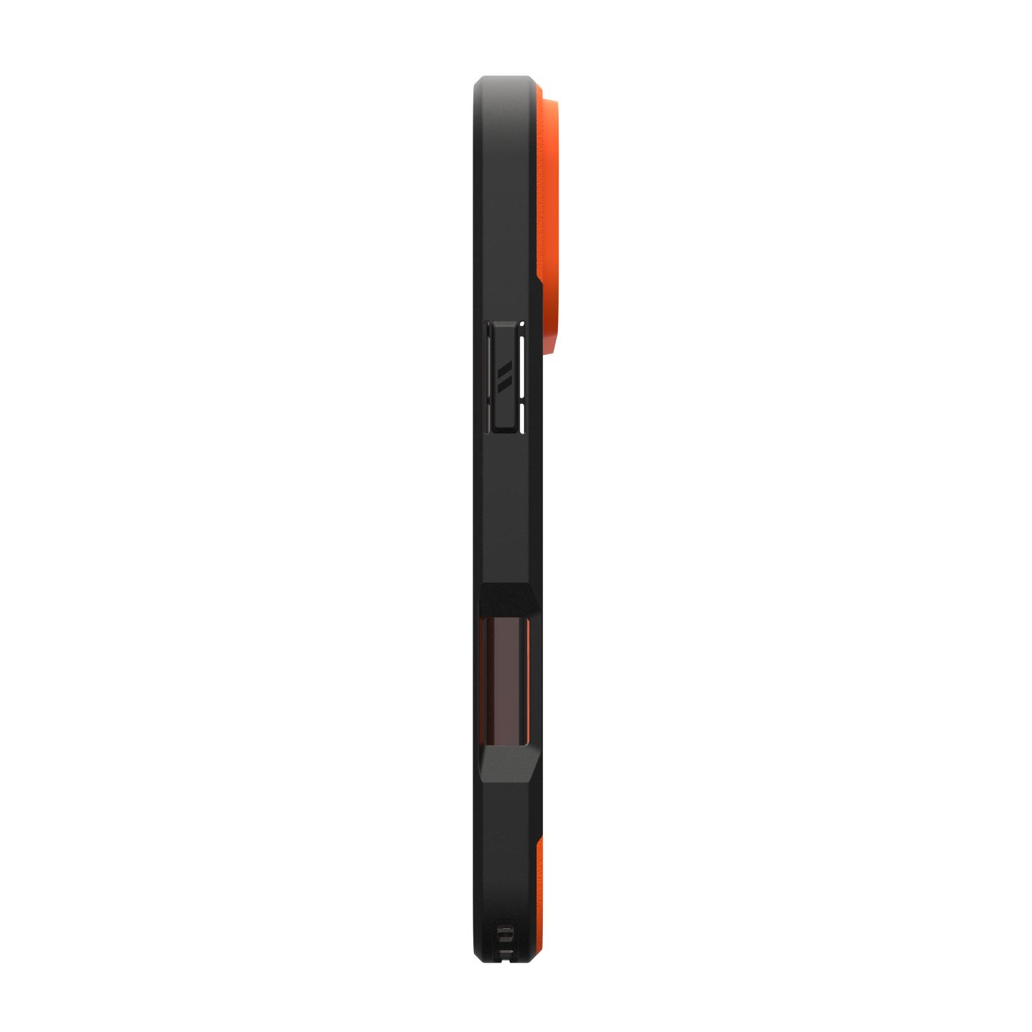 Side profile of the empty orange UAG Civilian MagSafe case for Apple iPhone 18 Pro Max and iPhone 17 Pro Max showing the slim black edge, raised rear panel and side cutout.
