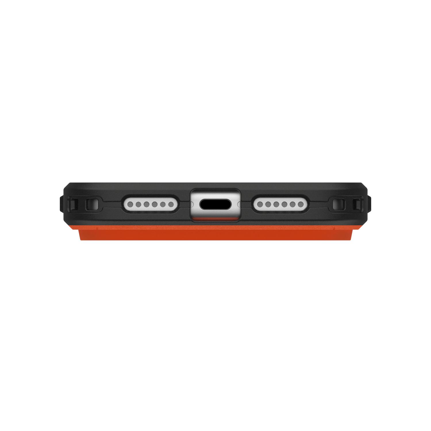 Bottom edge close-up of the orange UAG Civilian MagSafe case fitted to Apple iPhone 18 Pro Max or iPhone 17 Pro Max, showing the central port opening and grille cutouts.
