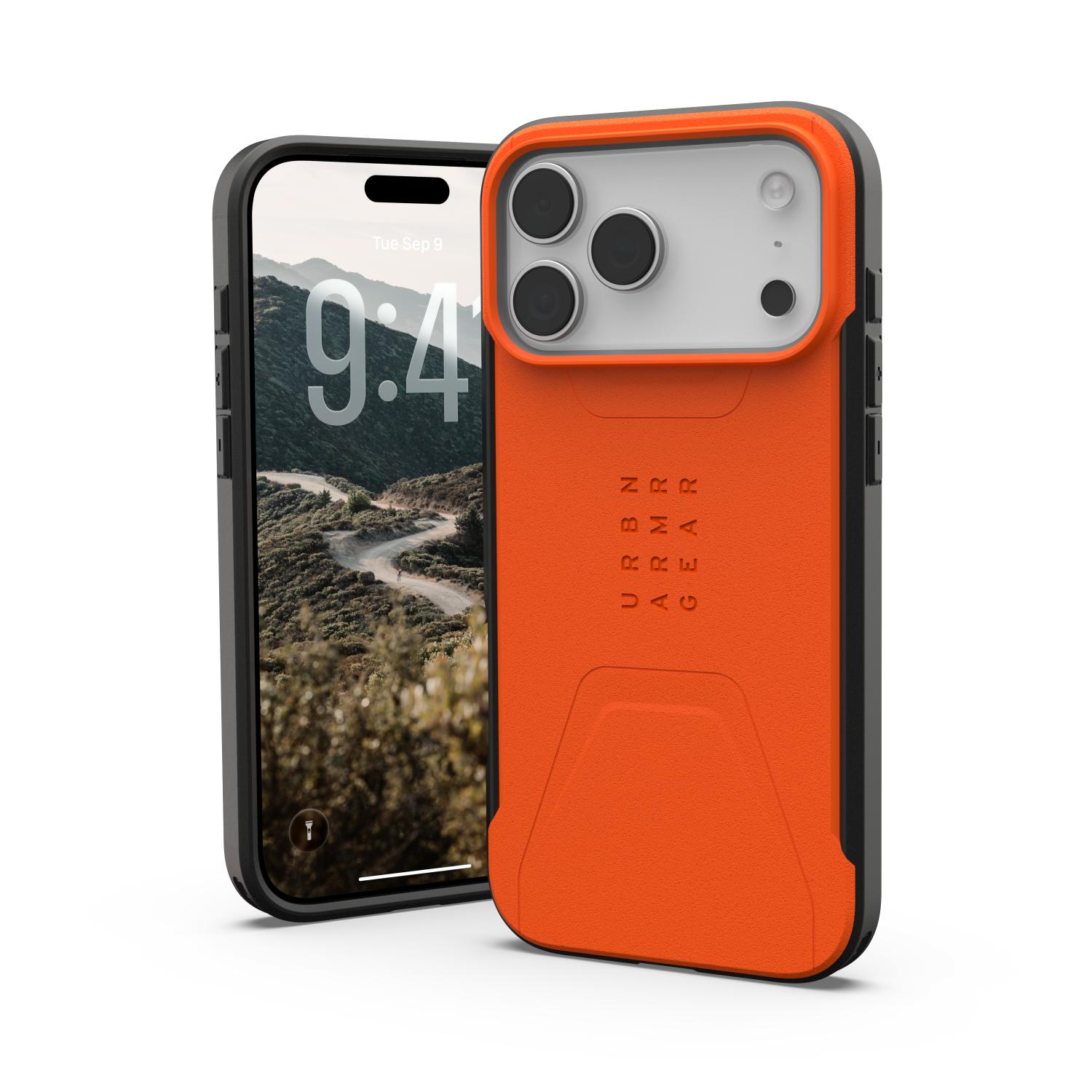 Orange UAG Civilian MagSafe case fitted to Apple iPhone 18 Pro Max or iPhone 17 Pro Max and shown from the front and rear, with the display and raised camera surround visible.