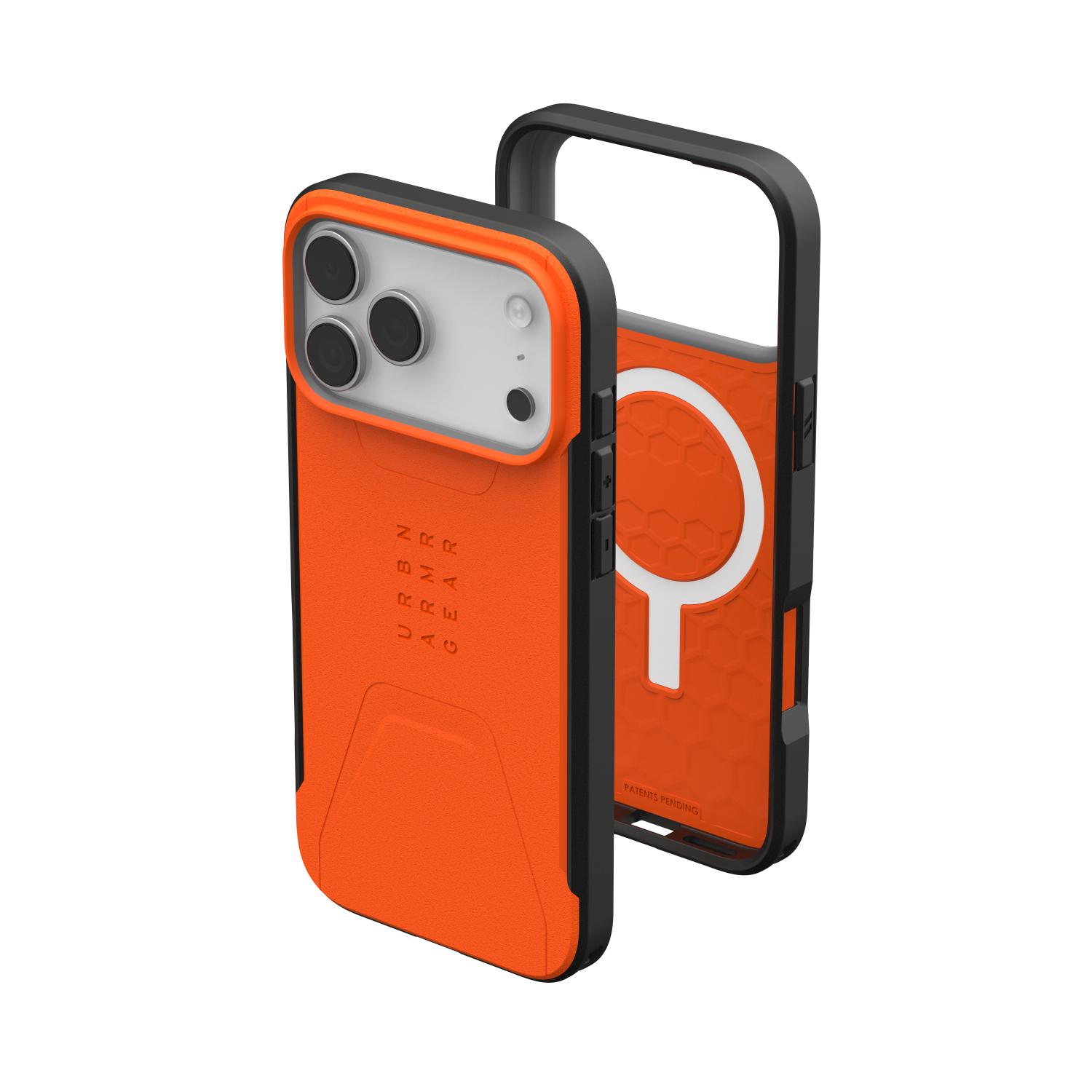 Orange UAG Civilian MagSafe case shown fitted to Apple iPhone 18 Pro Max or iPhone 17 Pro Max from the rear beside an empty interior view with the magnetic ring visible.