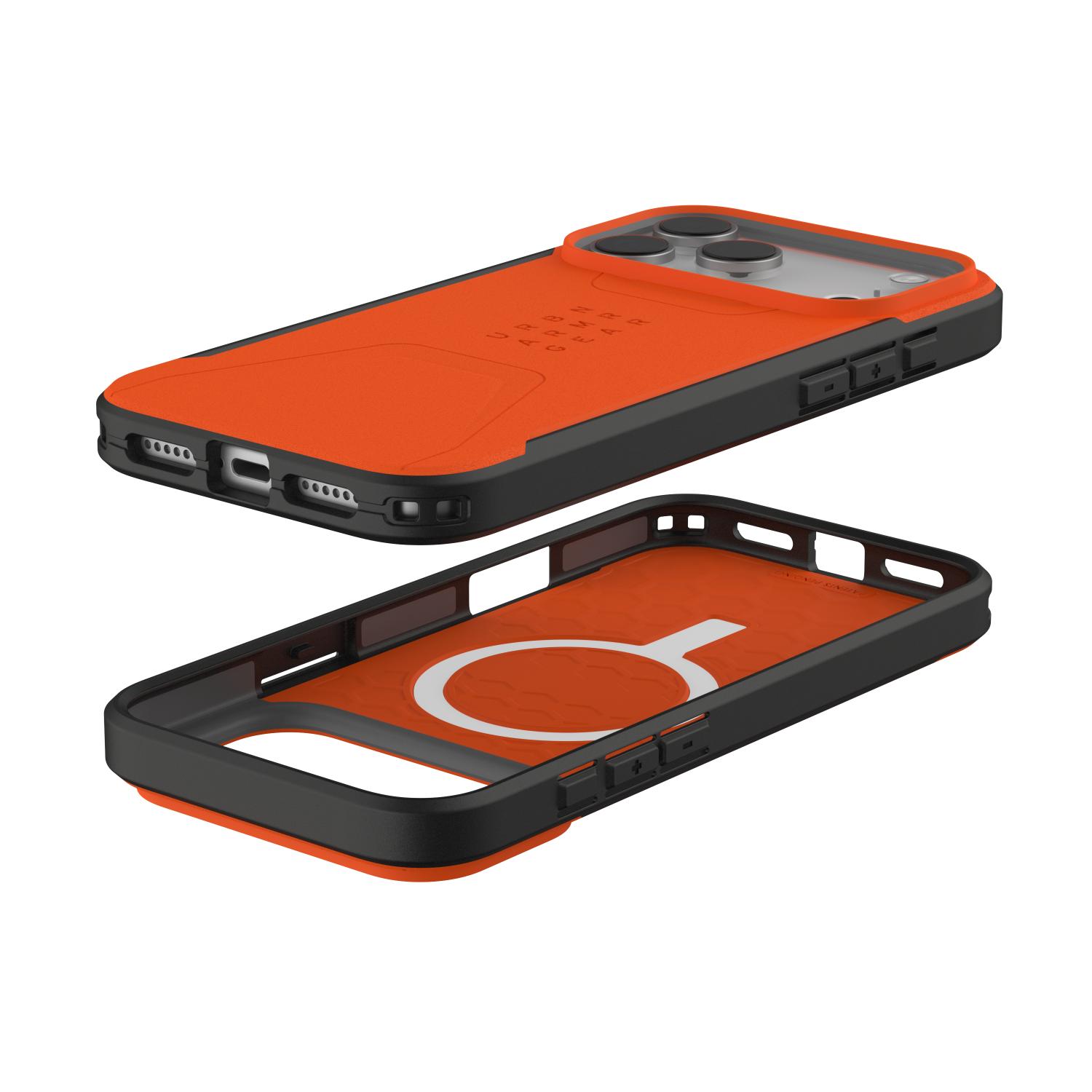 Exploded view of the orange UAG Civilian MagSafe case showing a fitted Apple iPhone 18 Pro Max or iPhone 17 Pro Max above the empty case interior with magnetic ring and side cutouts.