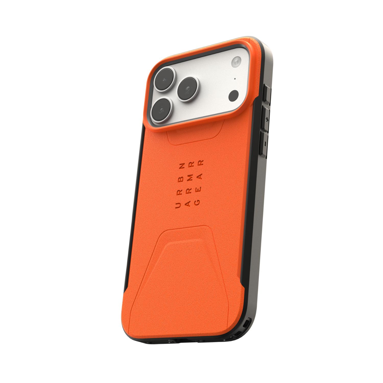 Close rear angled view of the orange UAG Civilian MagSafe case fitted to Apple iPhone 18 Pro Max or iPhone 17 Pro Max, showing the raised camera surround, textured rear panel and side buttons.