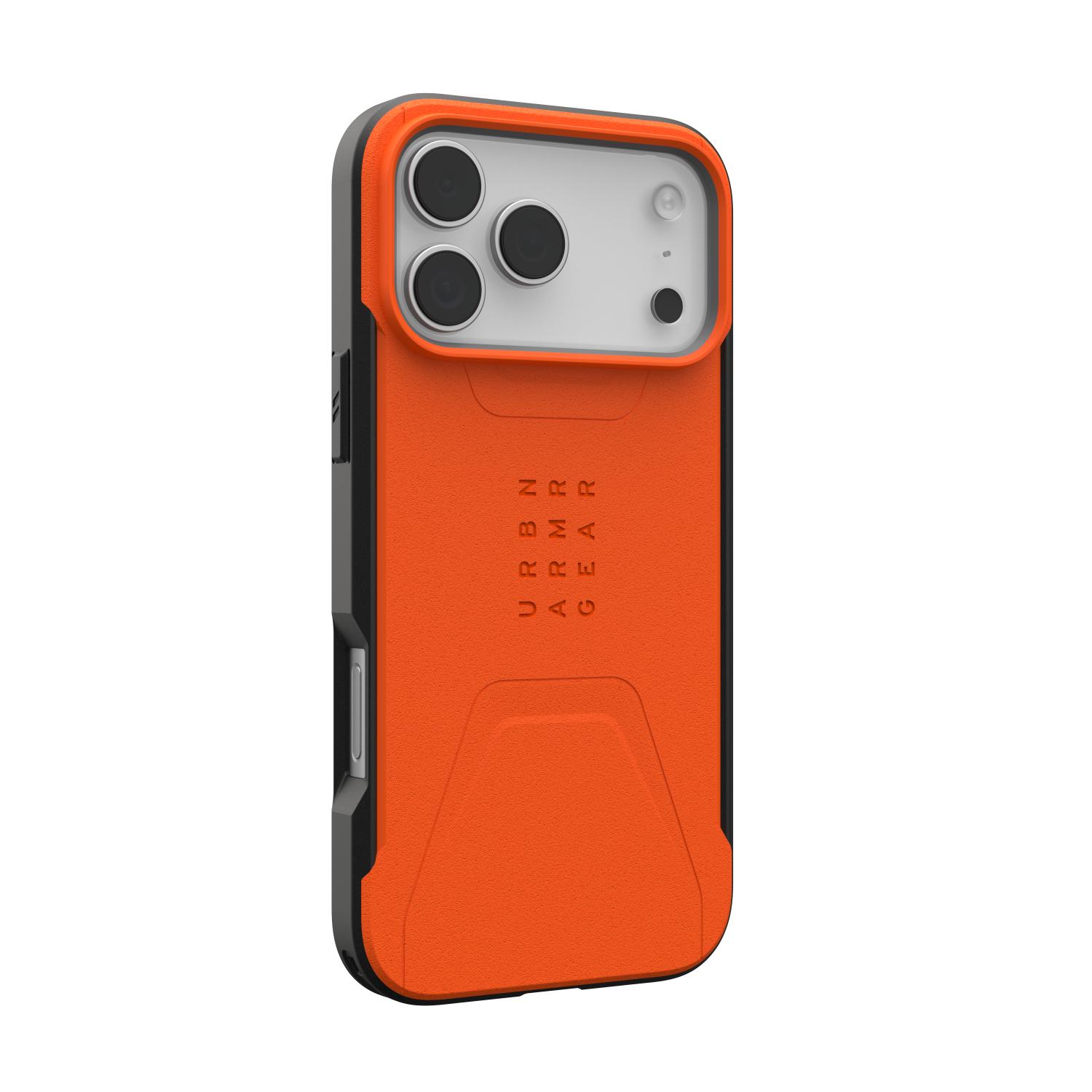 Orange UAG Civilian MagSafe case fitted to Apple iPhone 18 Pro Max or iPhone 17 Pro Max, shown from a rear left angle with the raised camera surround and opposite side edge visible.