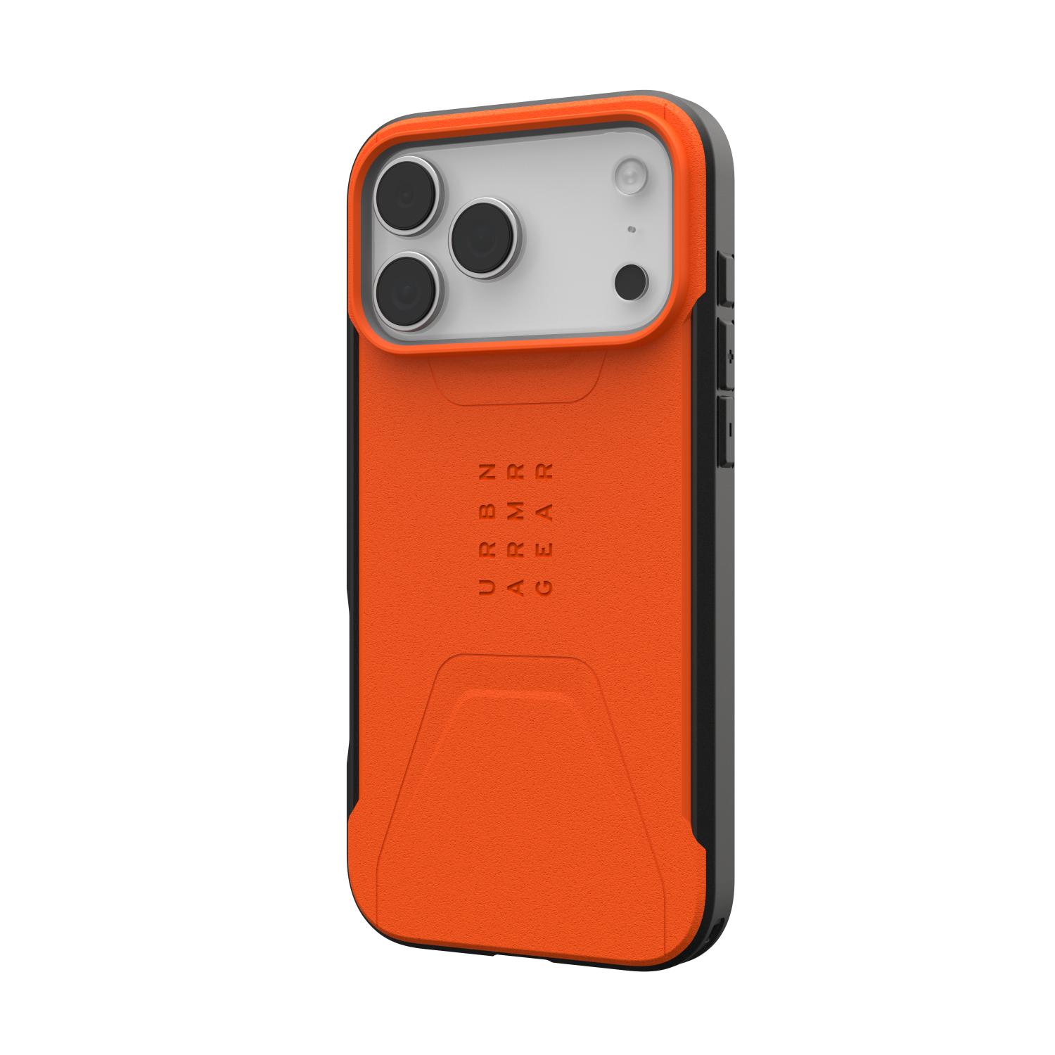 Orange UAG Civilian MagSafe case fitted to Apple iPhone 18 Pro Max or iPhone 17 Pro Max, shown from a rear right angle with the camera surround and side buttons visible.