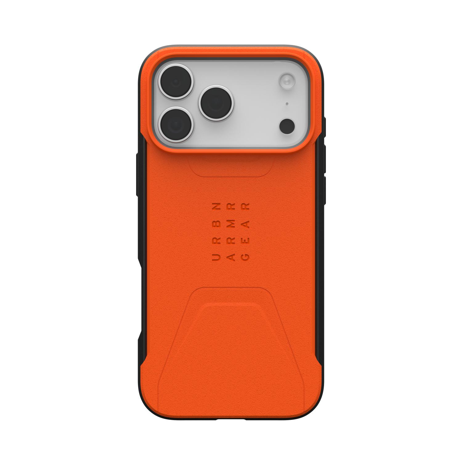Orange UAG Civilian MagSafe case fitted to Apple iPhone 18 Pro Max or iPhone 17 Pro Max, shown straight from the rear with the camera lenses and raised orange surround visible.