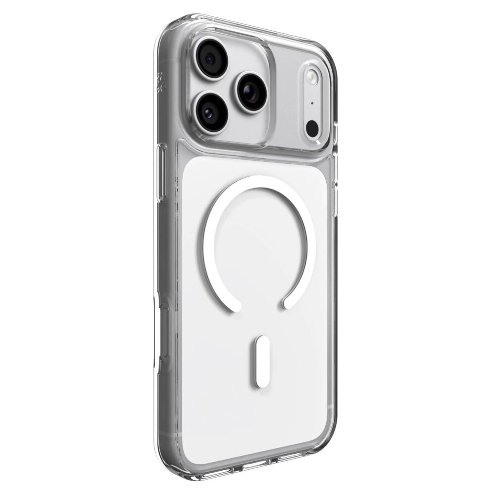 Clear ZAGG Crystal Palace Snap Lite case fitted to an Apple iPhone 18 Pro Max / iPhone 17 Pro Max, shown from a rear three-quarter angle with the camera area and magnetic ring visible.