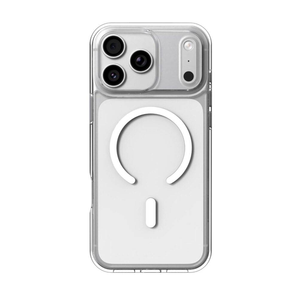 Rear view of the clear ZAGG Crystal Palace Snap Lite case fitted to an Apple iPhone 18 Pro Max / iPhone 17 Pro Max, with the camera area and magnetic ring visible.