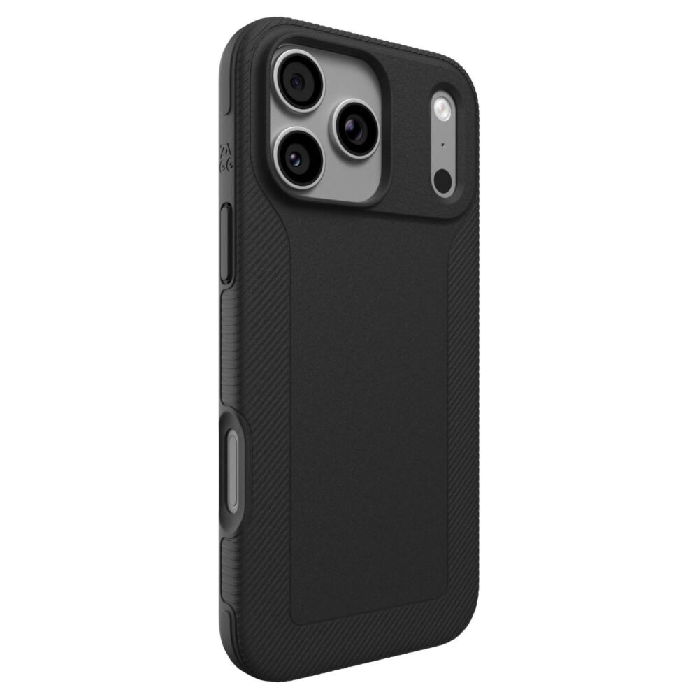 Black ZAGG Luxe Snap case fitted to an iPhone 18 Pro Max or iPhone 17 Pro Max in a rear angled view with the side cutout visible.
