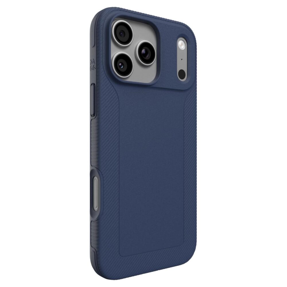 Navy ZAGG Luxe Snap case fitted to an iPhone 18 Pro Max or iPhone 17 Pro Max in a rear angled view with the side cutout visible.