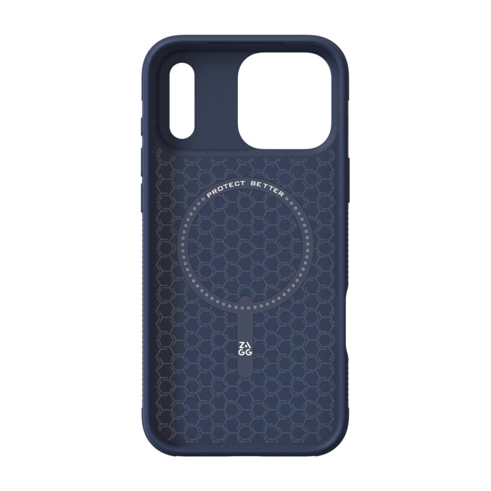 Interior of the navy ZAGG Luxe Snap case for iPhone 18 Pro Max and iPhone 17 Pro Max showing the circular magnetic ring.