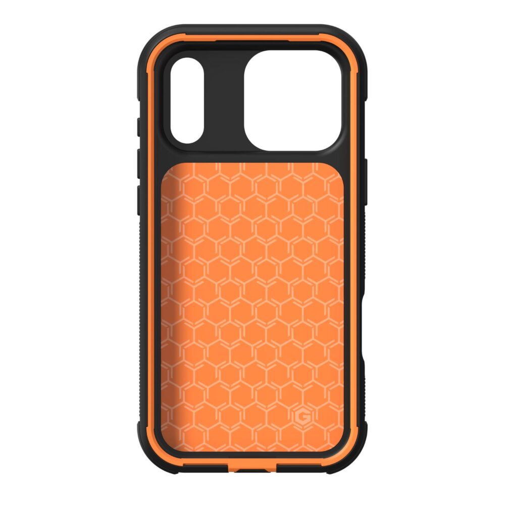 Interior view of the empty ZAGG Teton Snap case for Apple iPhone 18 Pro Max / iPhone 17 Pro Max, showing the orange inner cushioning pattern and camera openings.