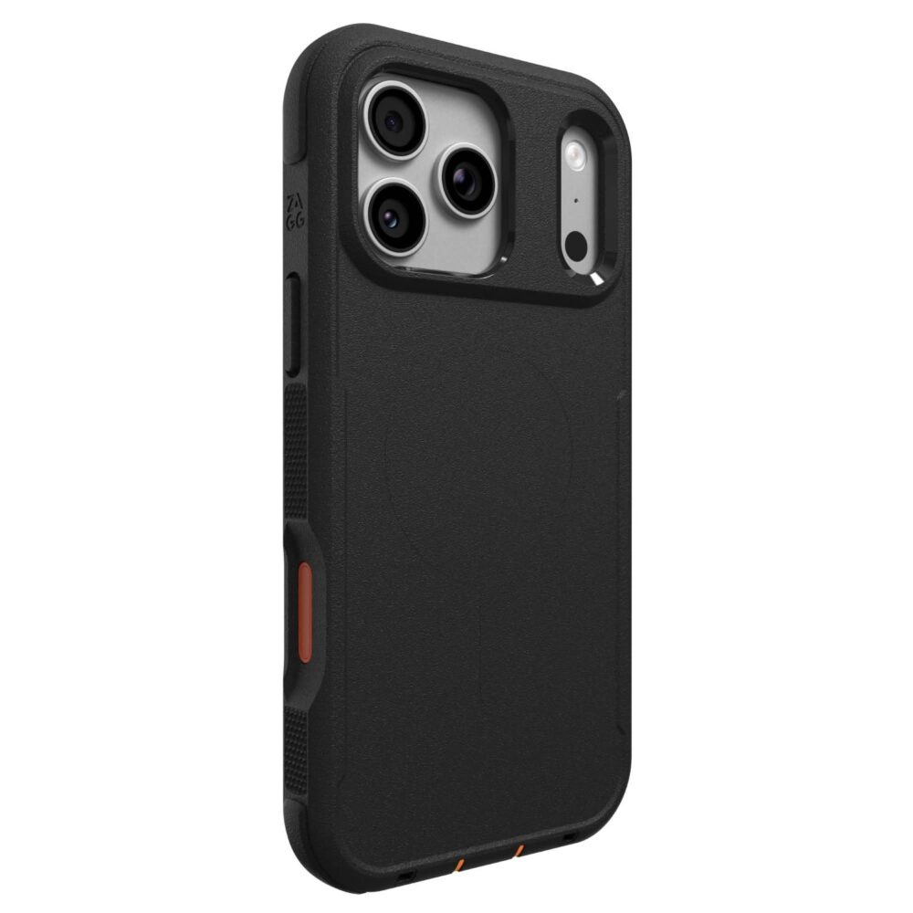 Black ZAGG Teton Snap case with orange accents fitted to an Apple iPhone 18 Pro Max / iPhone 17 Pro Max, shown from a rear three-quarter angle with the camera area visible.