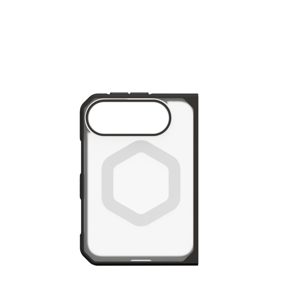Ice UAG Mouve MagSafe case for Apple iPhone Duo shown empty from the rear with the translucent back, black frame, camera opening and magnetic ring visible.