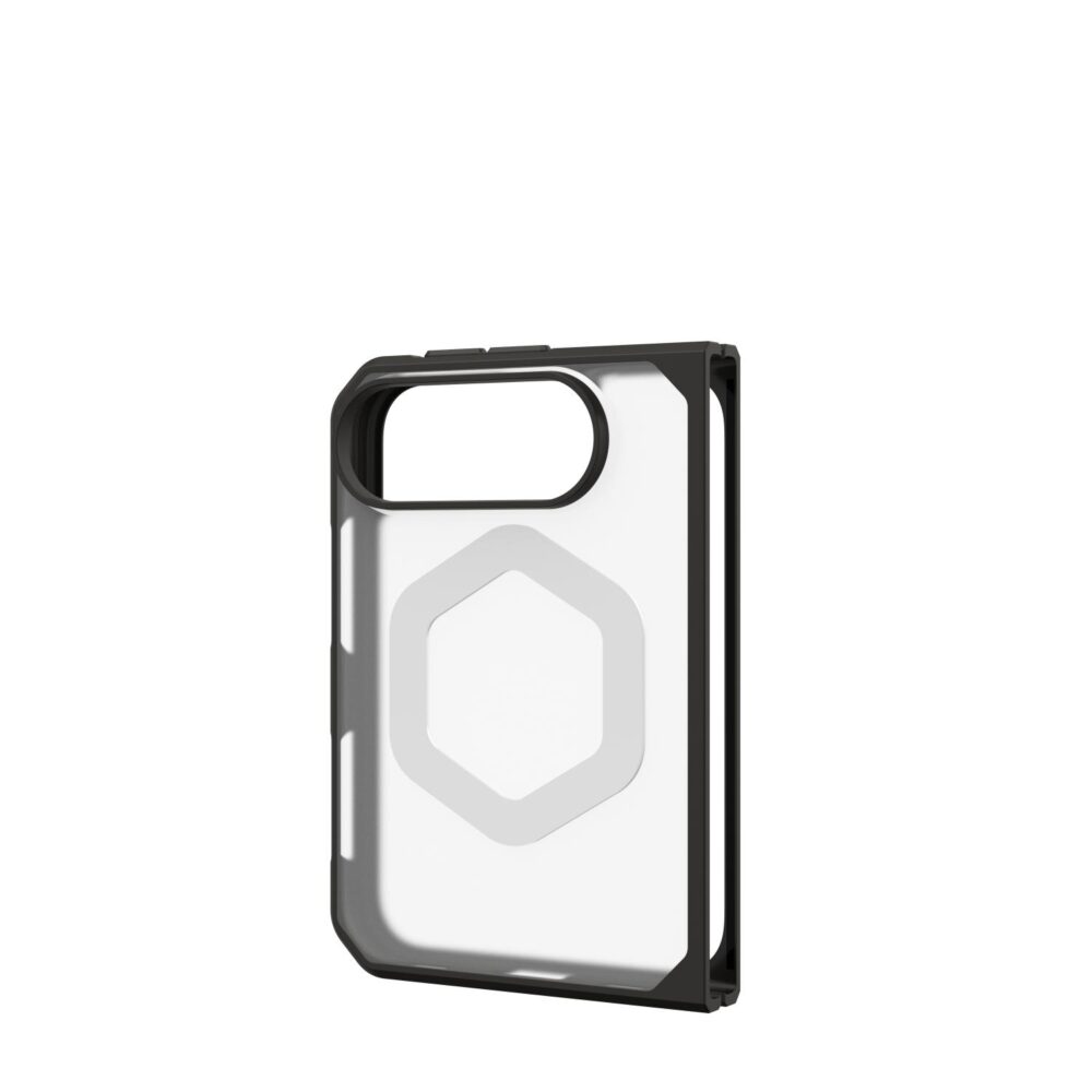 Empty Ice UAG Mouve MagSafe case for Apple iPhone Duo shown at a right angle with the translucent back, black edge and magnetic ring visible.