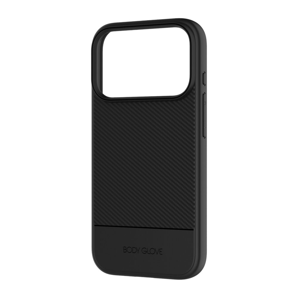 Angled rear view of the black Body Glove Astrx Case for iPhone 18 Pro and 17 Pro showing the carbon fibre patterned back
