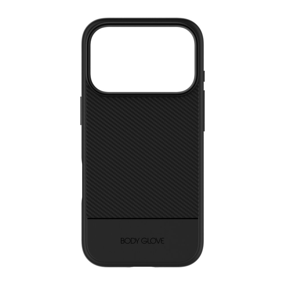 Black Body Glove Astrx Case for iPhone 18 Pro and 17 Pro shown from the rear with its carbon fibre pattern visible